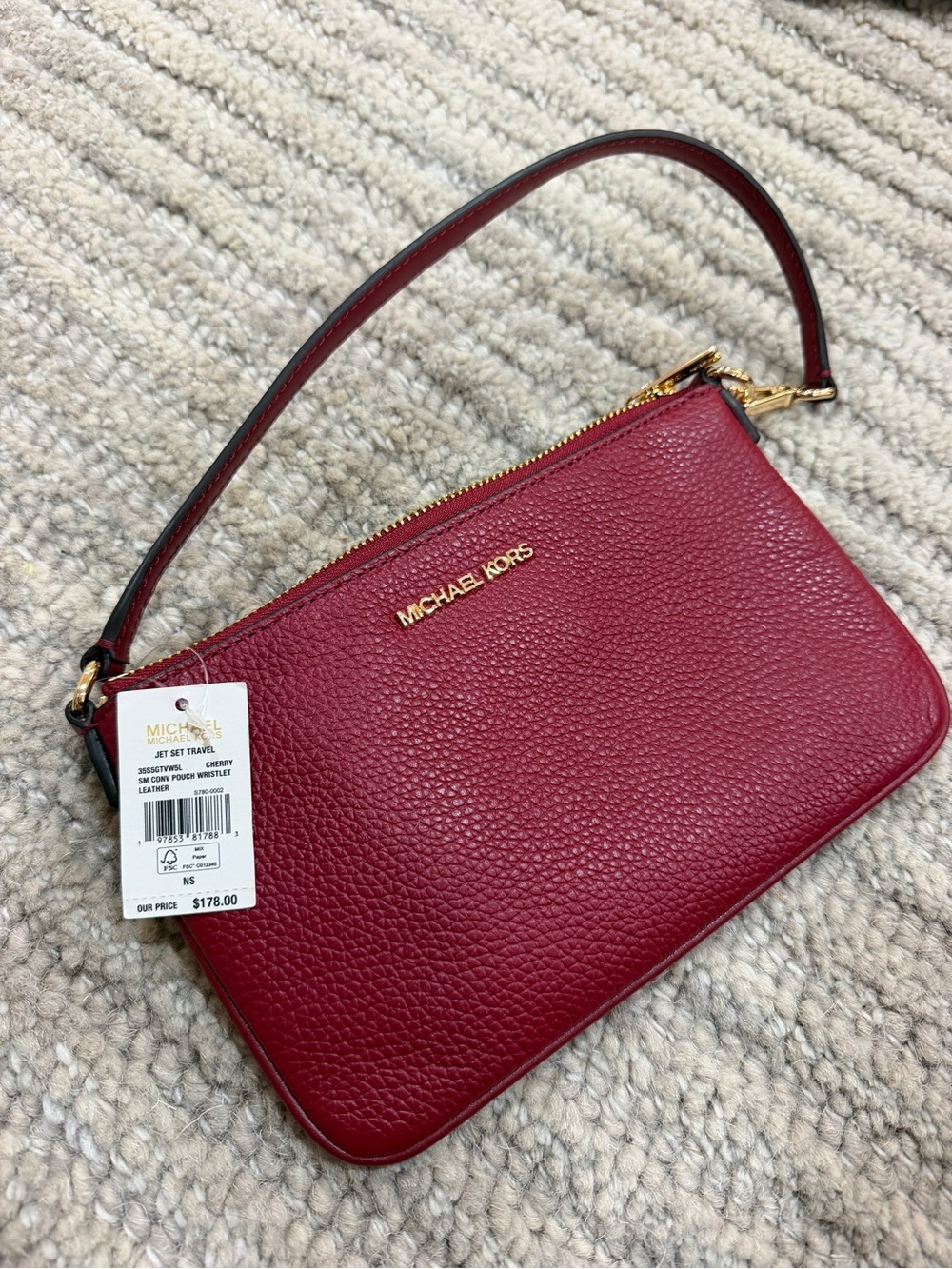 Michael Kors Cherry Pebbled Leather Wristlet with Gold-Tone Hardware